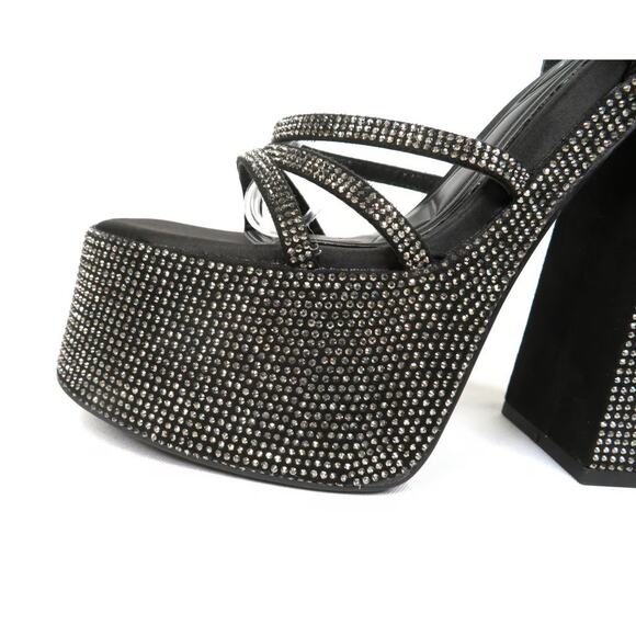 Zara Rhinestone Chunky High Heeled Platform Sandals Black & Silver Size 6 - Picture 3 of 12